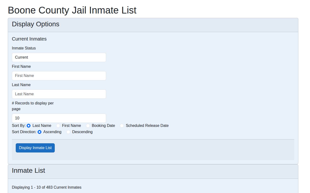 Official Boone County Jail inmate roster search interface