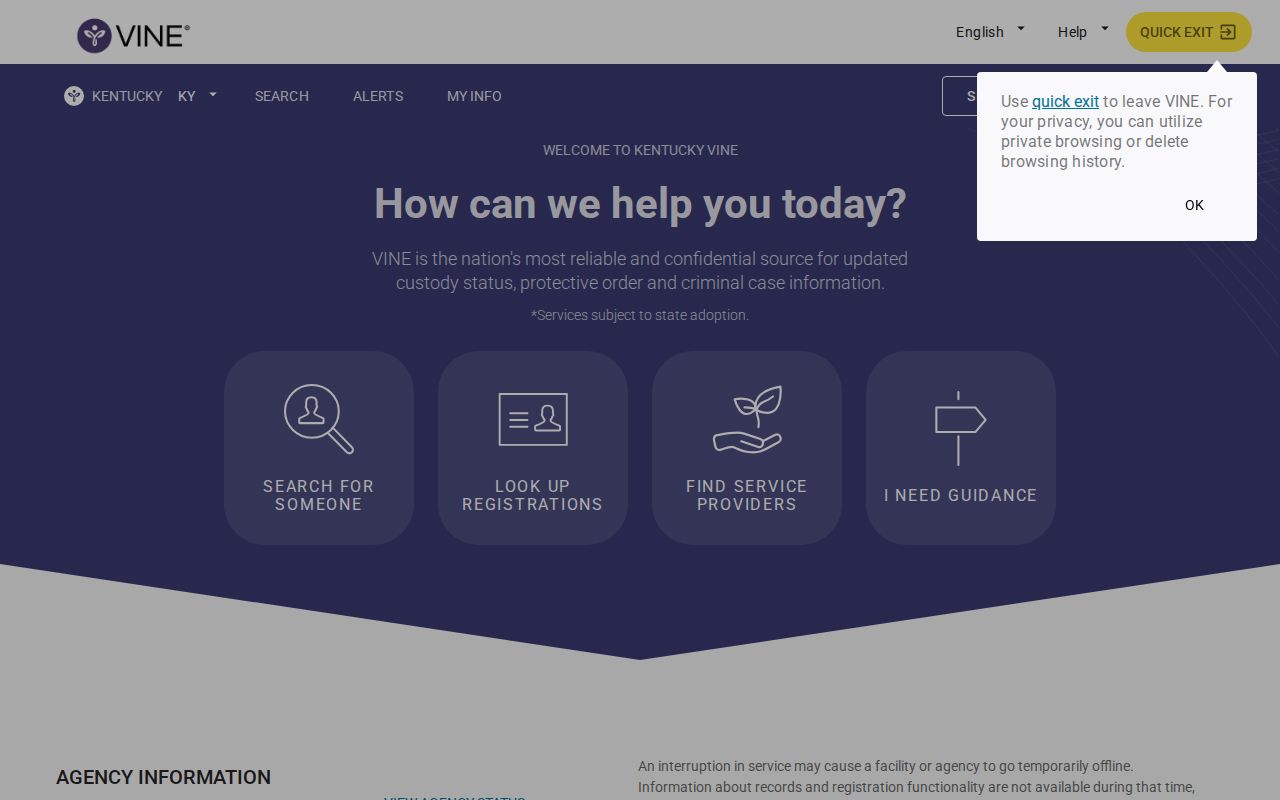 Kentucky VINELink person custody search interface